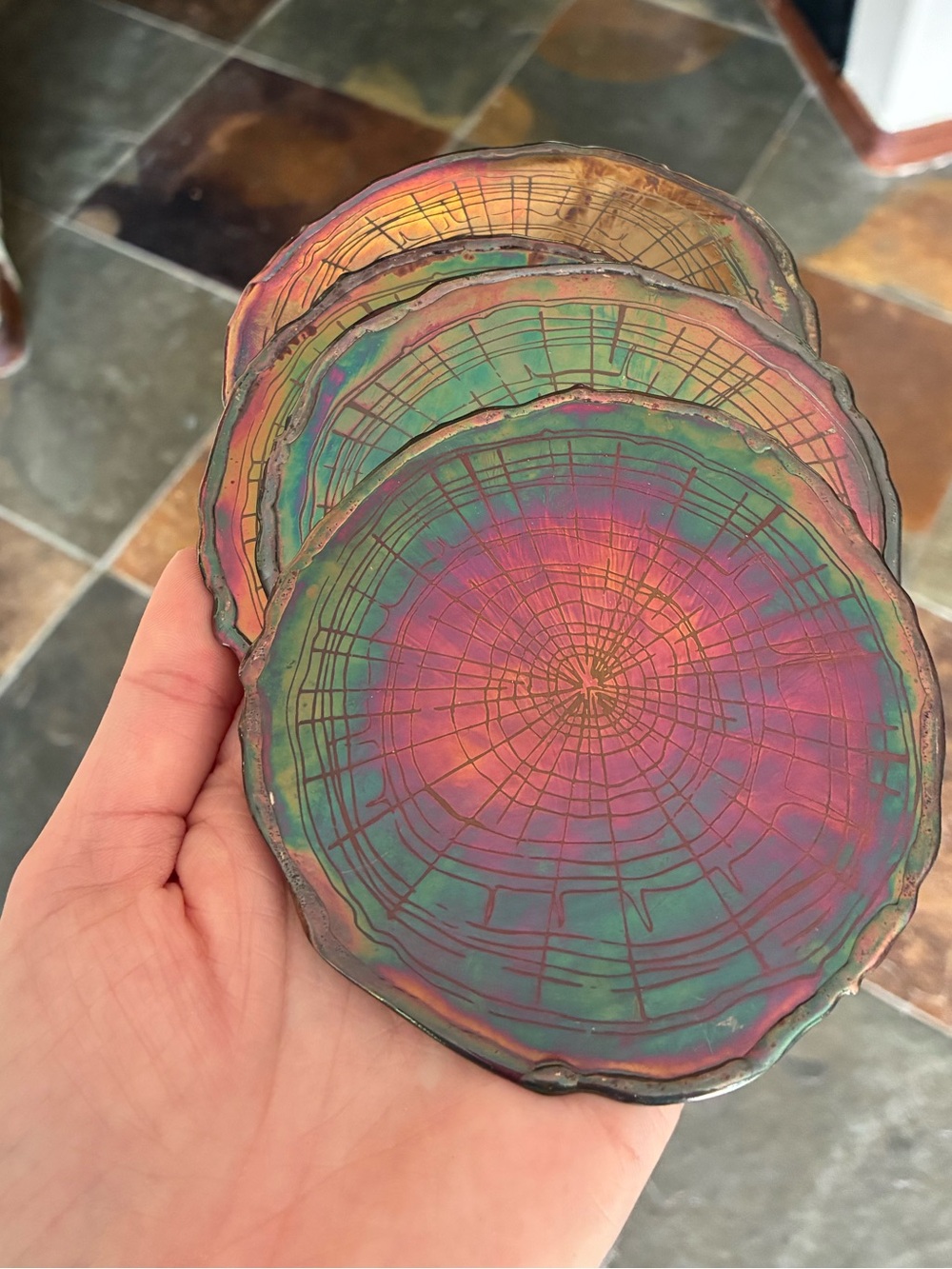 Anthropologie Metal Iridescent Multicolor Tree Ring Coasters (4) - Picture 4 of 7